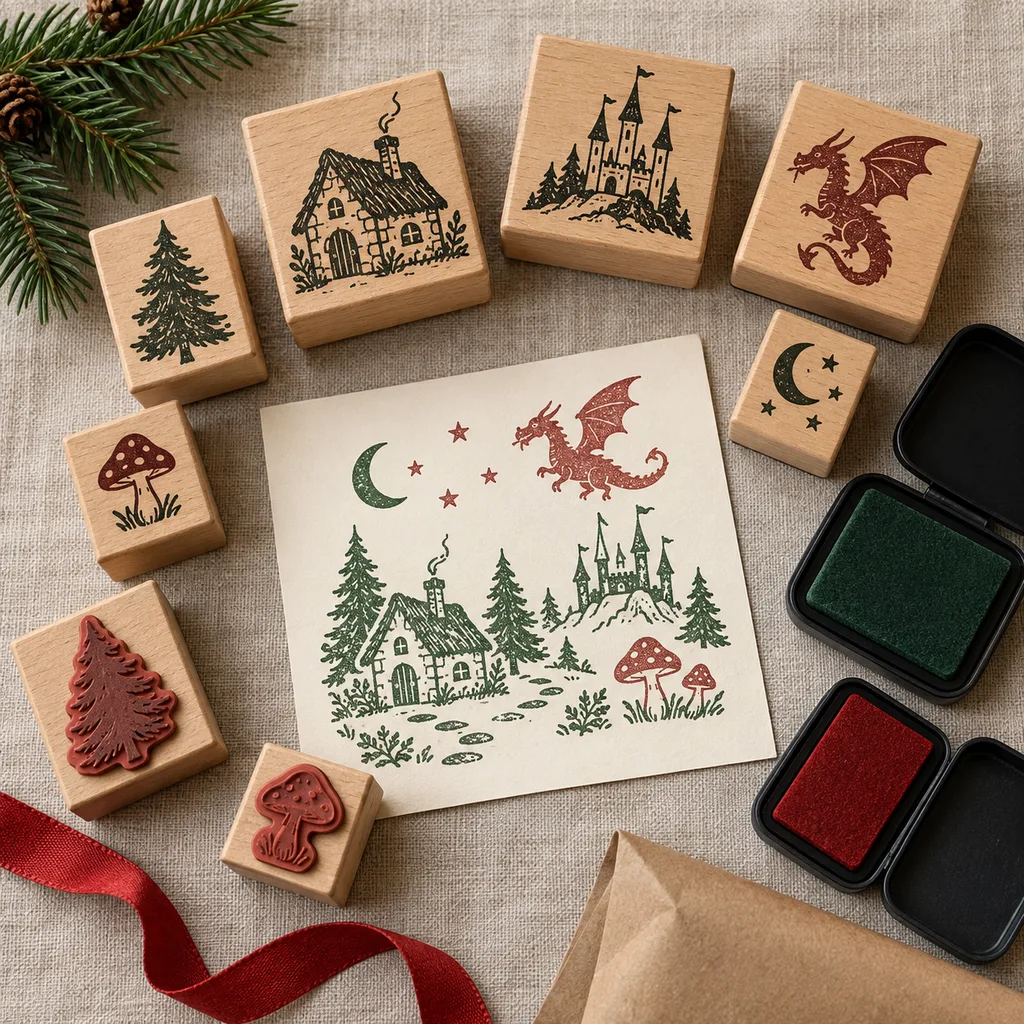 Representative photo-style image of imaginative story scene stamp collection — generated, not a specific product