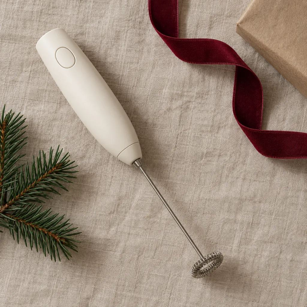 Representative photo-style image of immersion whisk milk frother — generated, not a specific product