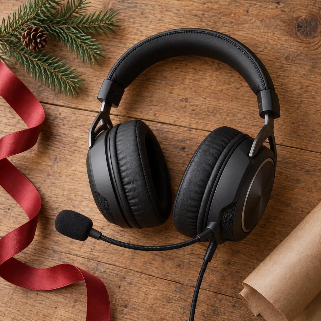 Representative photo-style image of immersive gaming headset with microphone — generated, not a specific product