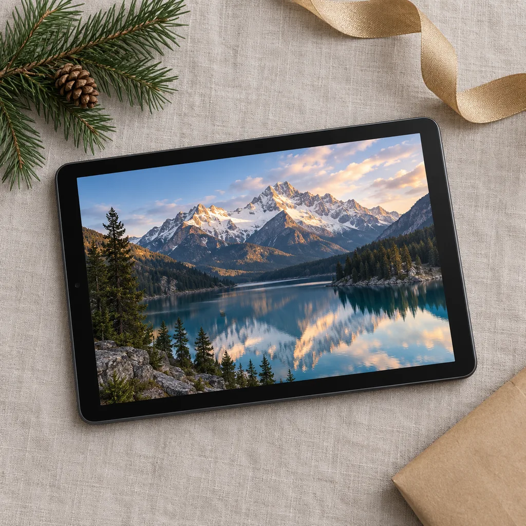 Representative photo-style image of immersive media viewing tablet — generated, not a specific product