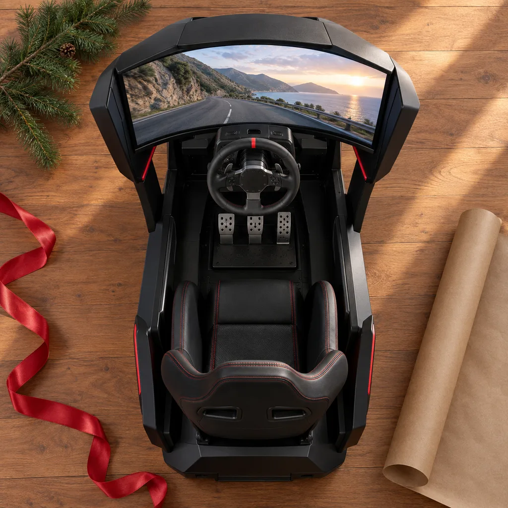 Representative photo-style image of immersive racing game arcade cabinet — generated, not a specific product