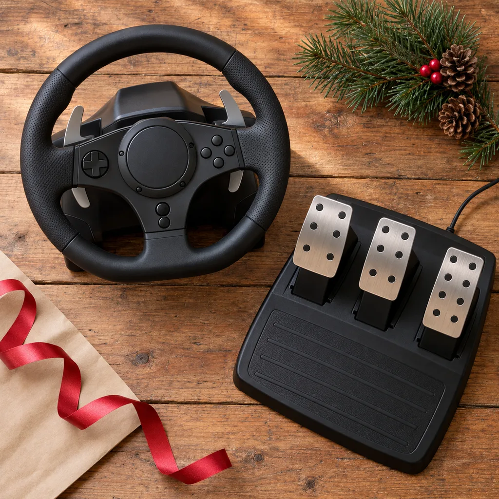 Representative photo-style image of immersive racing wheel and pedal set — generated, not a specific product