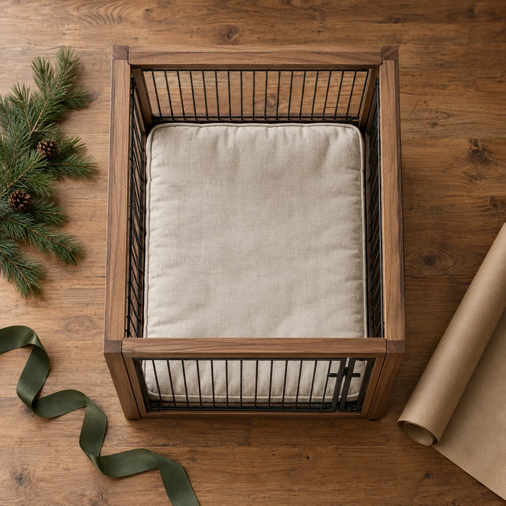 Representative photo-style image of indoor decorative dog crate — generated, not a specific product