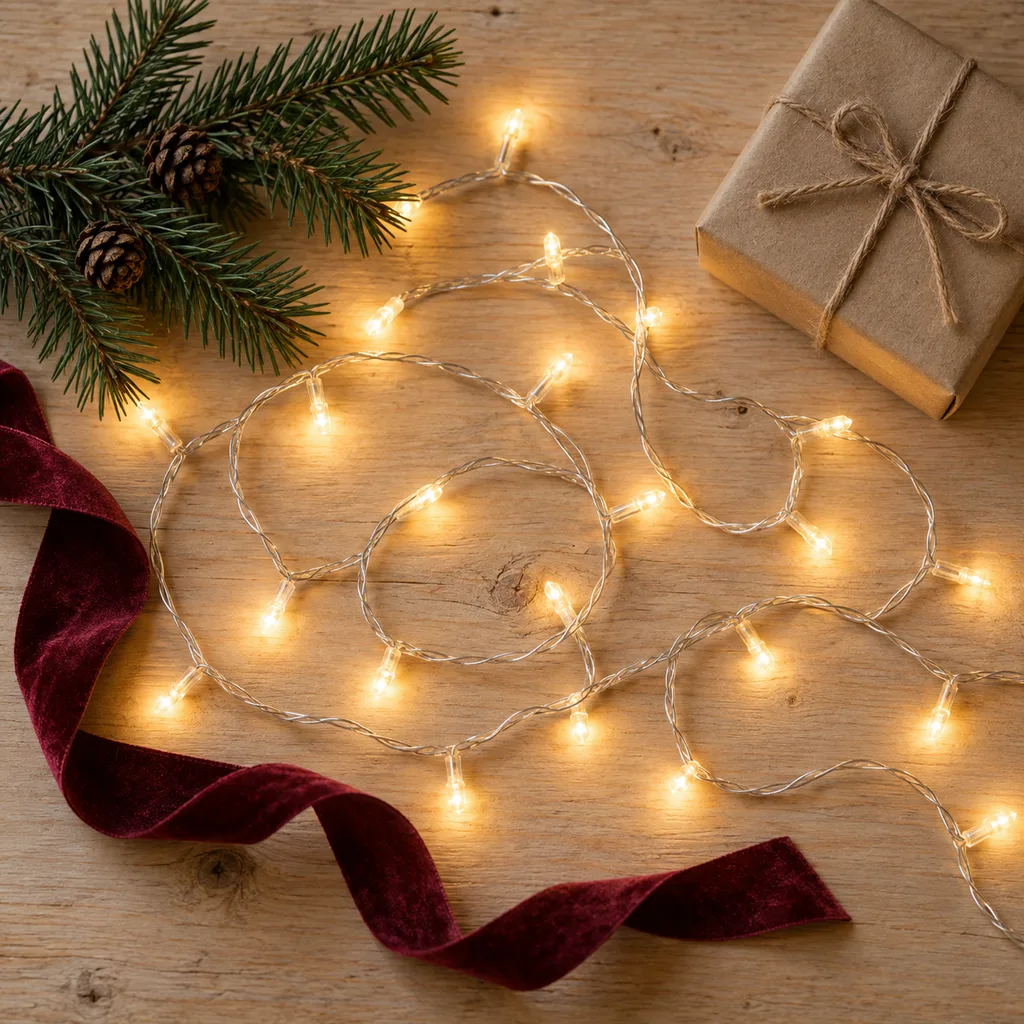 Representative photo-style image of indoor holiday string lights — generated, not a specific product