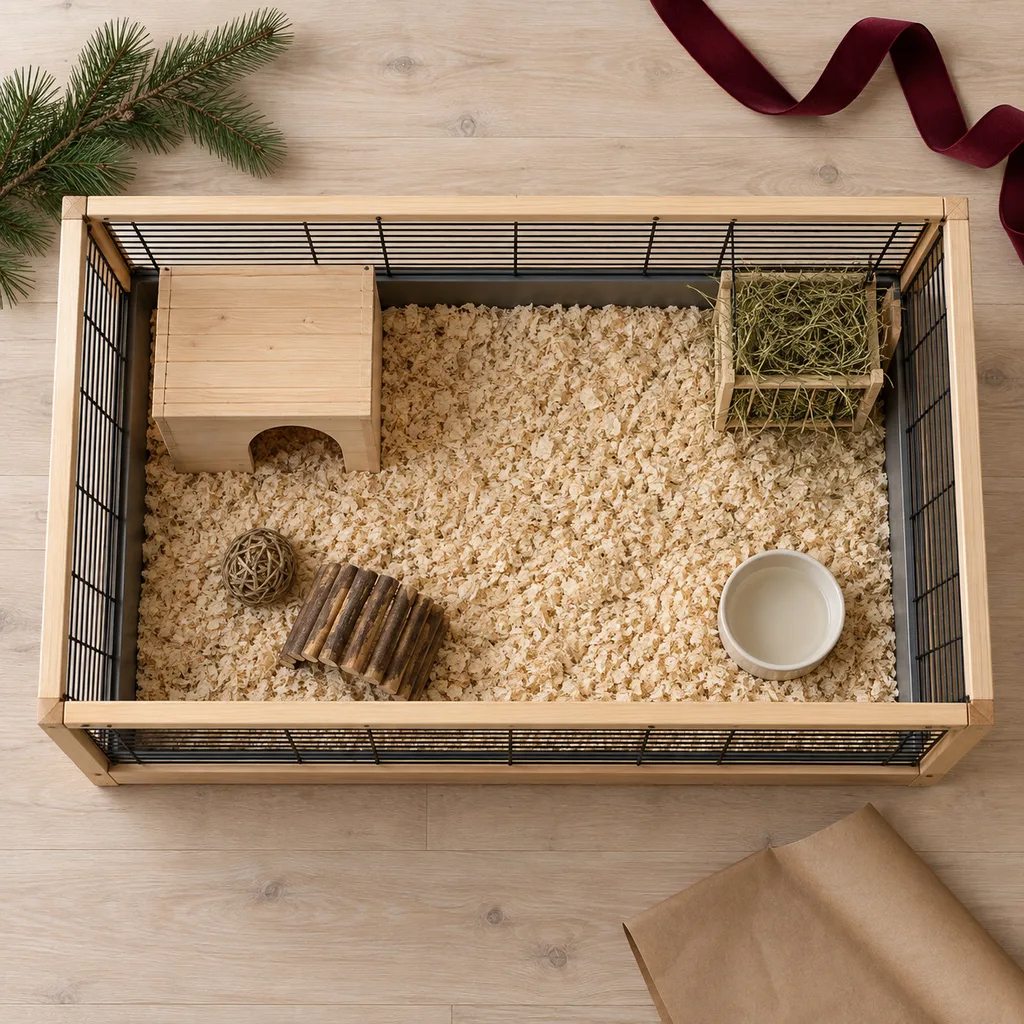 Representative photo-style image of indoor rabbit home — generated, not a specific product