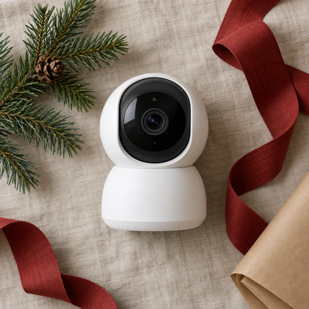 Representative photo-style image of indoor wireless security camera — generated, not a specific product