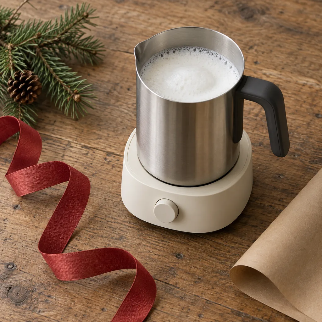 Representative photo-style image of induction heating milk frother — generated, not a specific product
