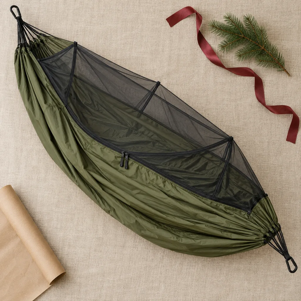 Representative photo-style image of insect-protected camping hammock — generated, not a specific product