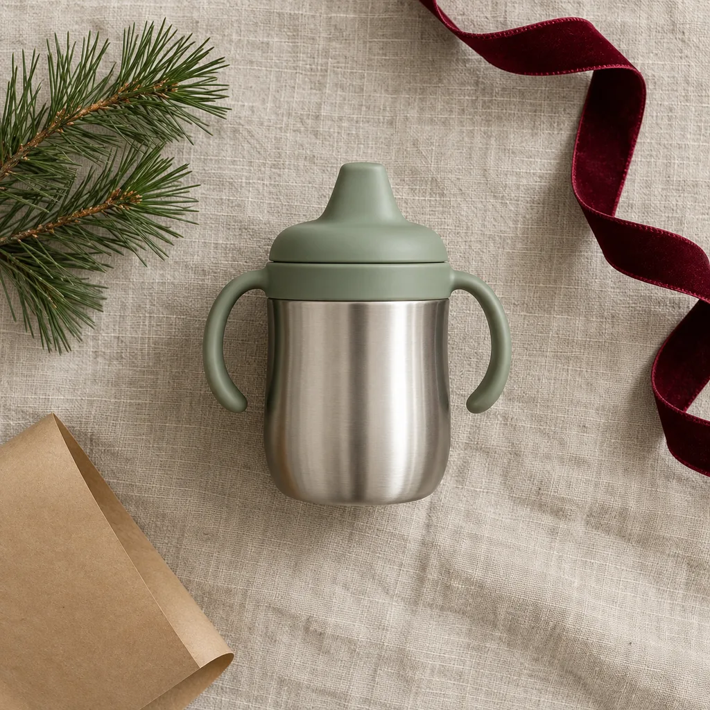 Representative photo-style image of insulated stainless steel sippy — generated, not a specific product