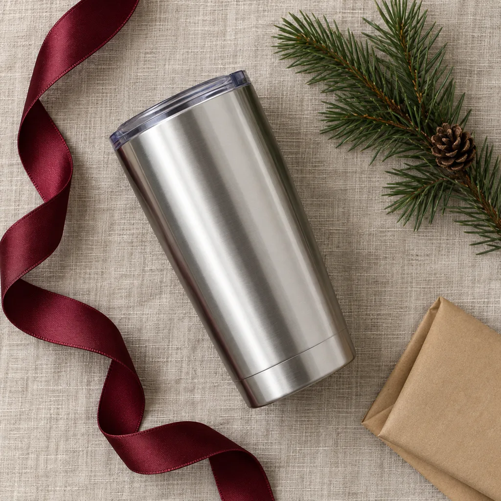 Representative photo-style image of insulated stainless steel tumbler — generated, not a specific product