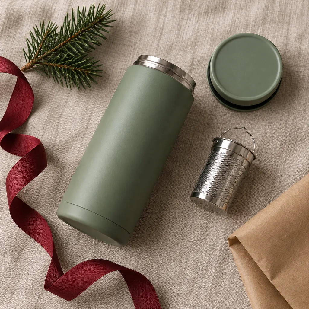 Representative photo-style image of insulated tea infuser travel mug — generated, not a specific product