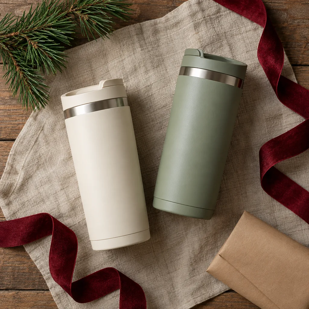 Representative photo-style image of insulated travel coffee mug set — generated, not a specific product