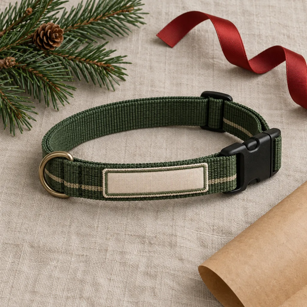 Representative photo-style image of integrated embroidered collar tag — generated, not a specific product
