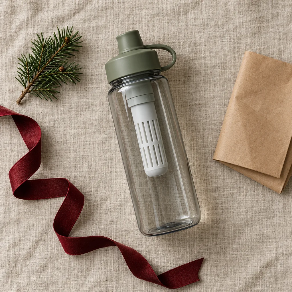 Representative photo-style image of integrated filter water bottle — generated, not a specific product