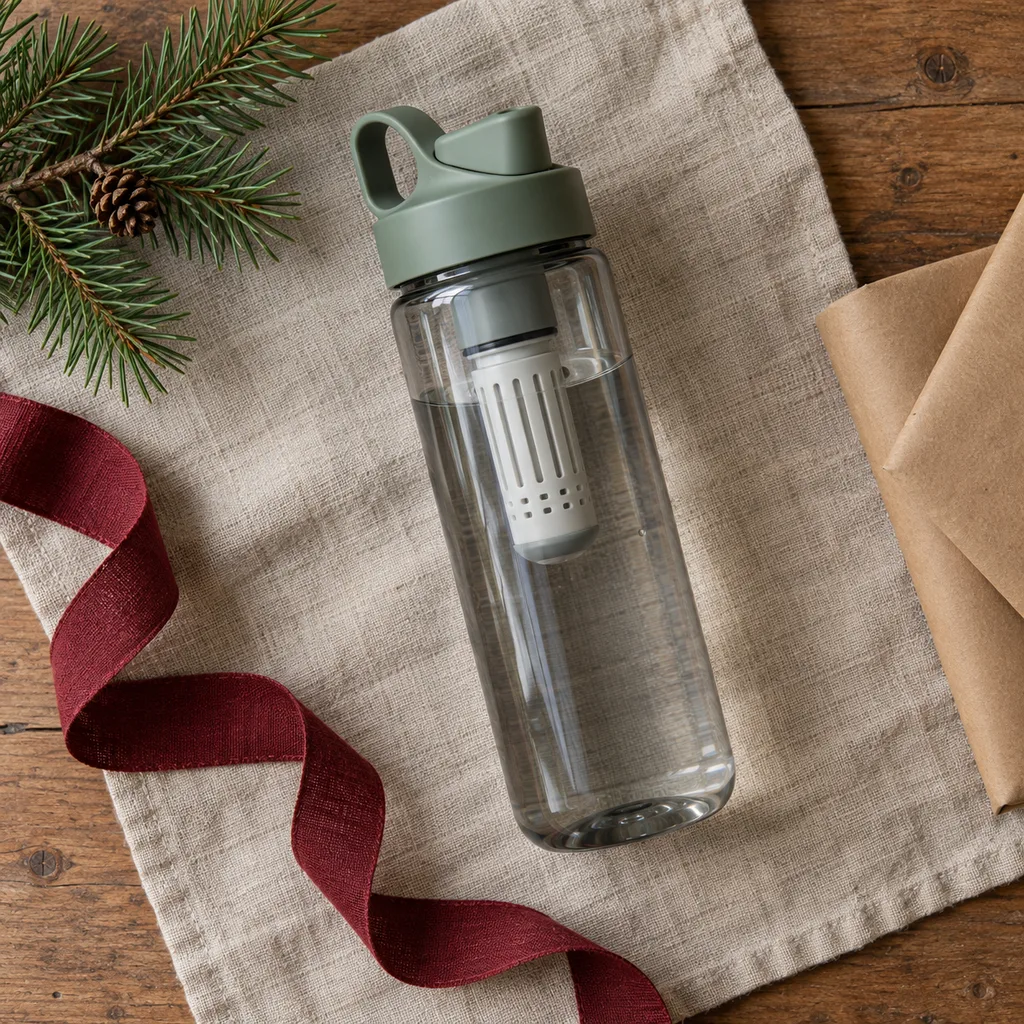Representative photo-style image of integrated filter water bottle — generated, not a specific product