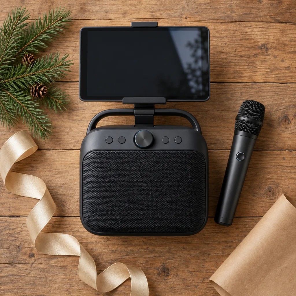 Representative photo-style image of integrated karaoke speaker with display holder — generated, not a specific product