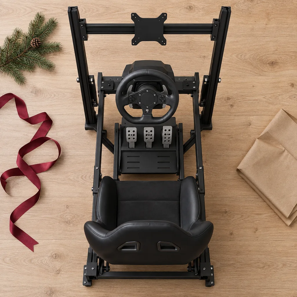 Representative photo-style image of integrated monitor mount sim rig — generated, not a specific product