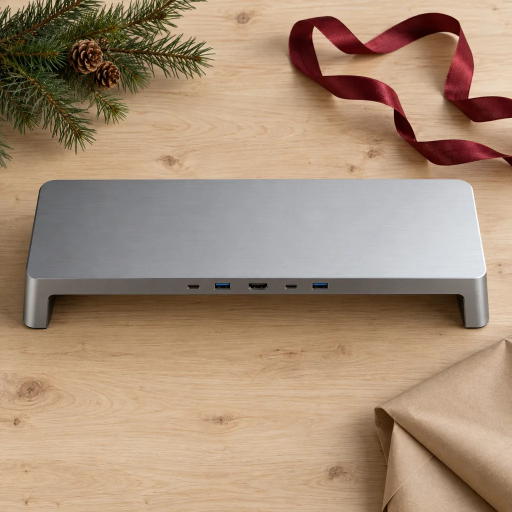 Representative photo-style image of integrated monitor stand dock — generated, not a specific product