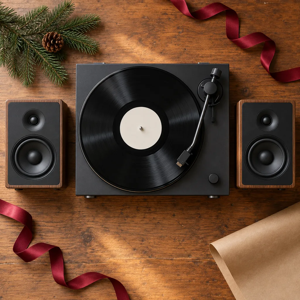 Representative photo-style image of stereo system with turntable — generated, not a specific product