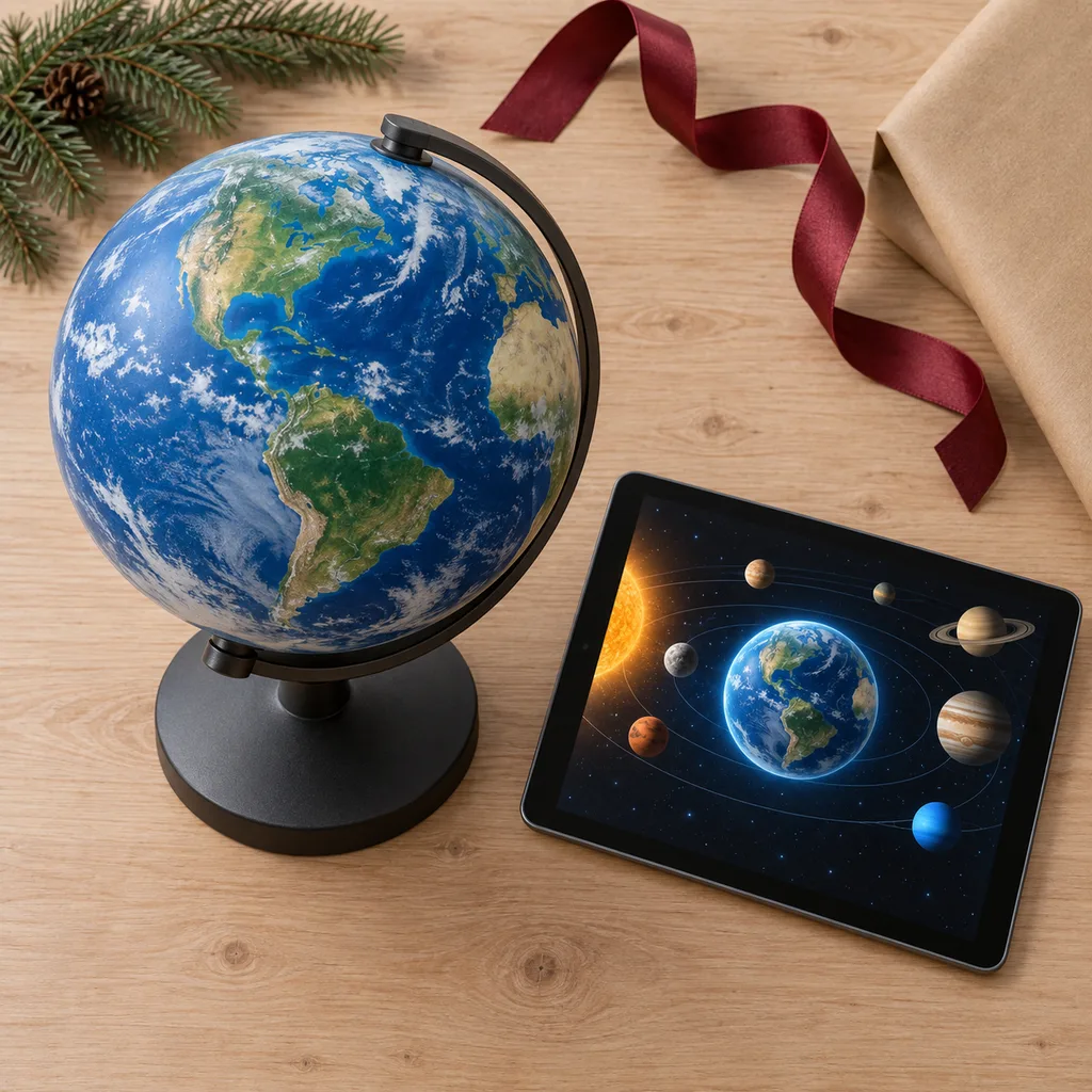 Representative photo-style image of interactive augmented reality planet globe — generated, not a specific product