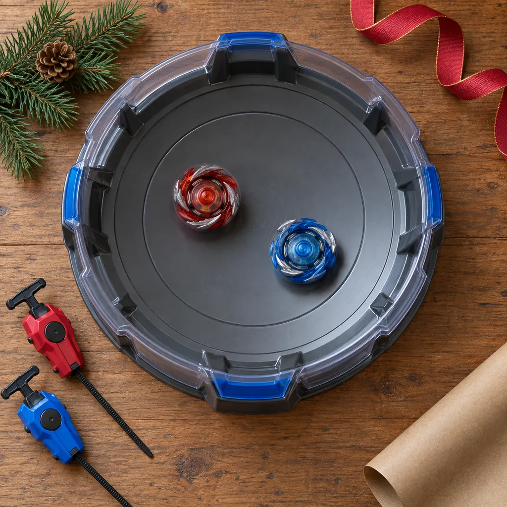 Representative photo-style image of interactive battle top arena — generated, not a specific product