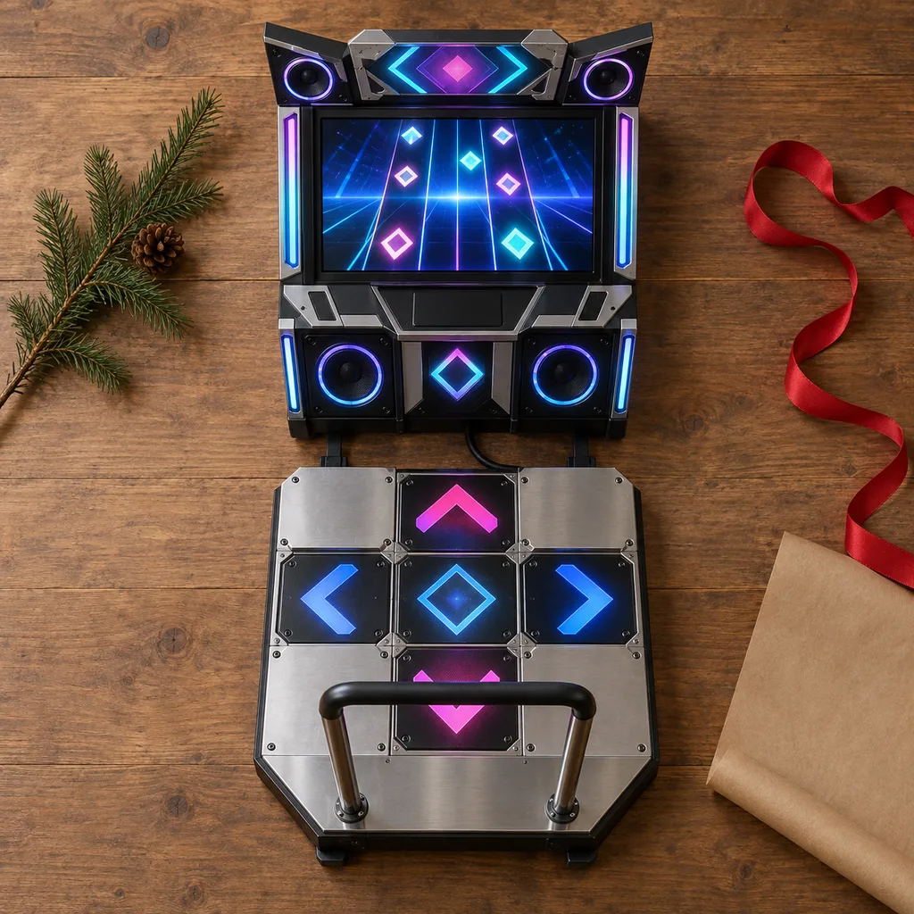 Representative photo-style image of interactive dance rhythm arcade machine — generated, not a specific product