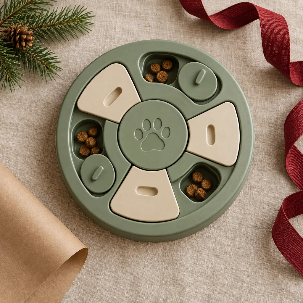 Representative photo-style image of interactive dog puzzle feeder — generated, not a specific product
