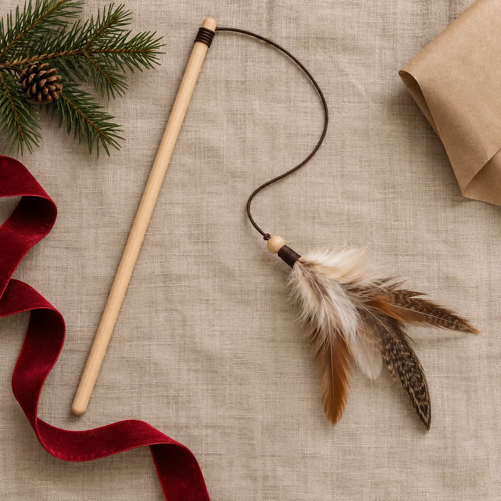 Representative photo-style image of interactive feather wand cat toy — generated, not a specific product