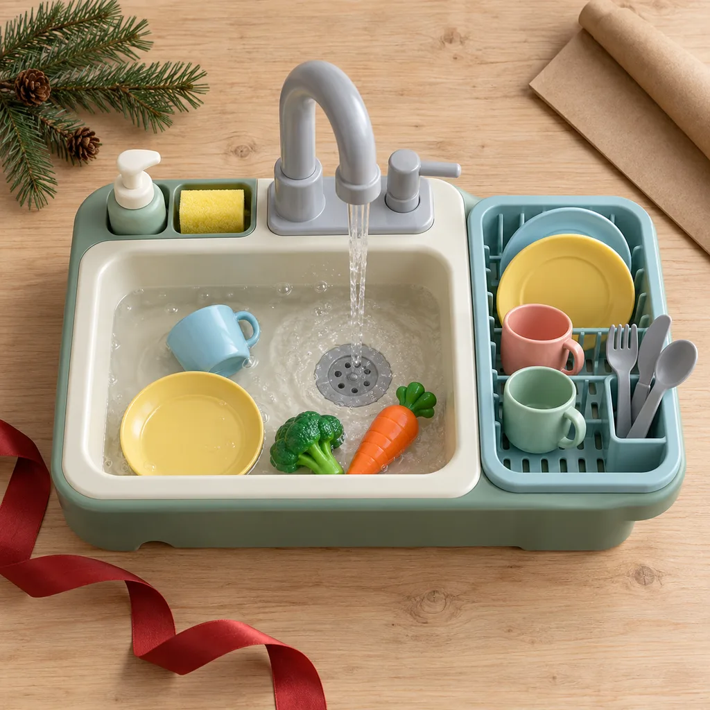 Representative photo-style image of interactive play dishwashing sink — generated, not a specific product