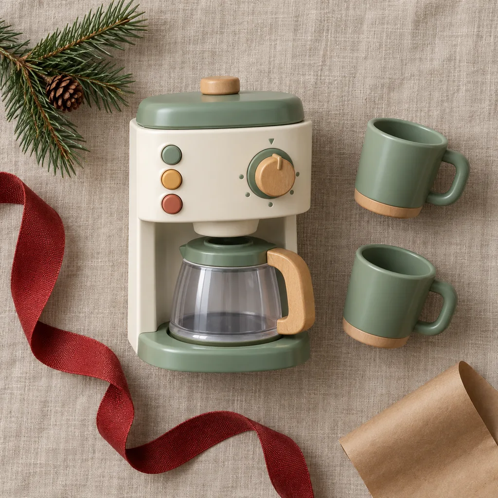 Representative photo-style image of interactive toy coffee maker set — generated, not a specific product
