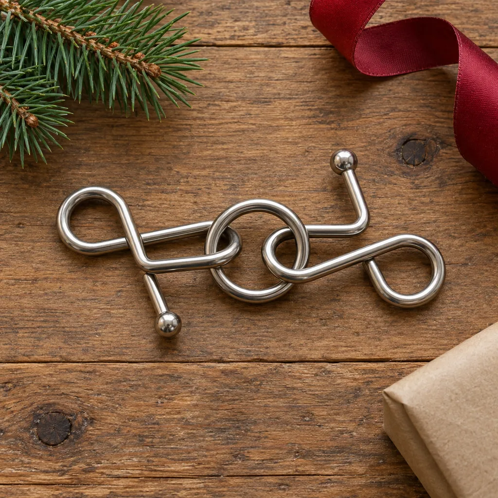 Representative photo-style image of interlocking metal disentanglement puzzle — generated, not a specific product