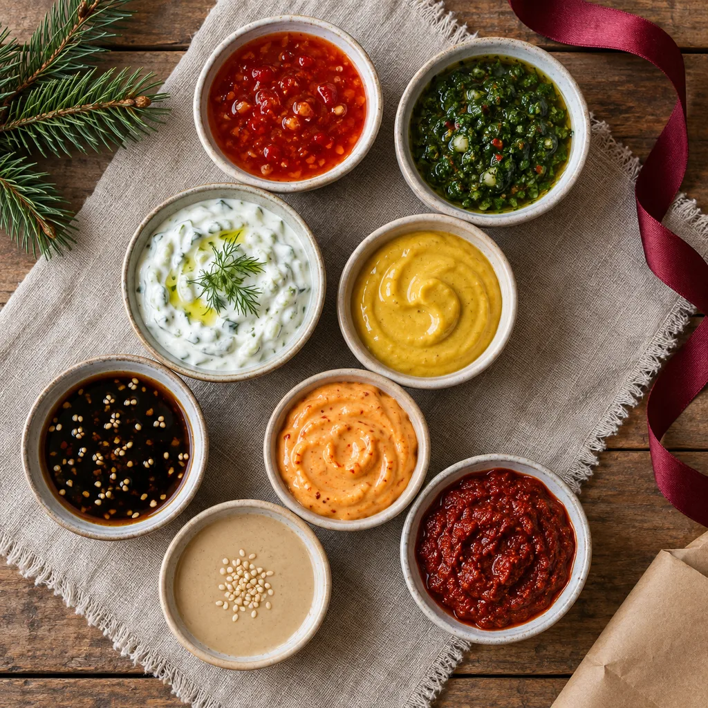 Representative photo-style image of international dipping sauces collection — generated, not a specific product