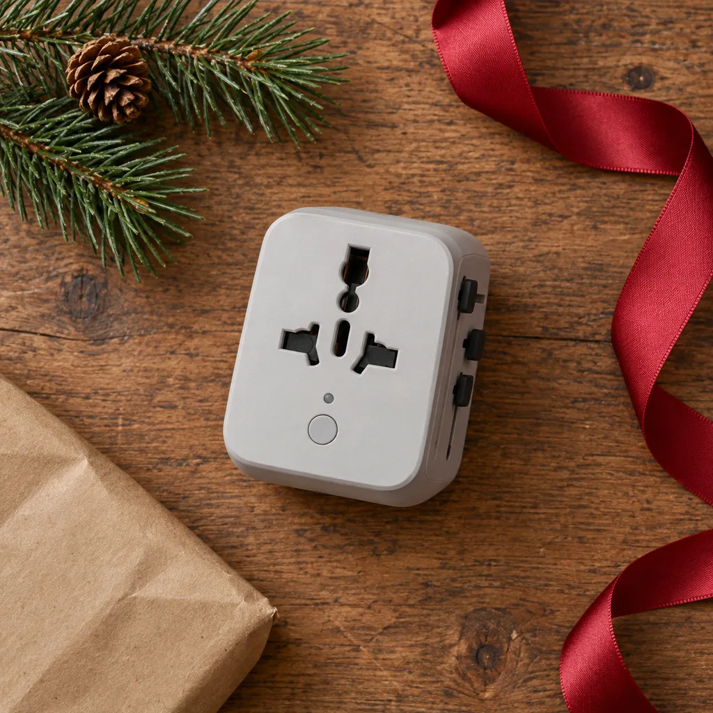 Representative photo-style image of international travel adapter with surge protection — generated, not a specific product