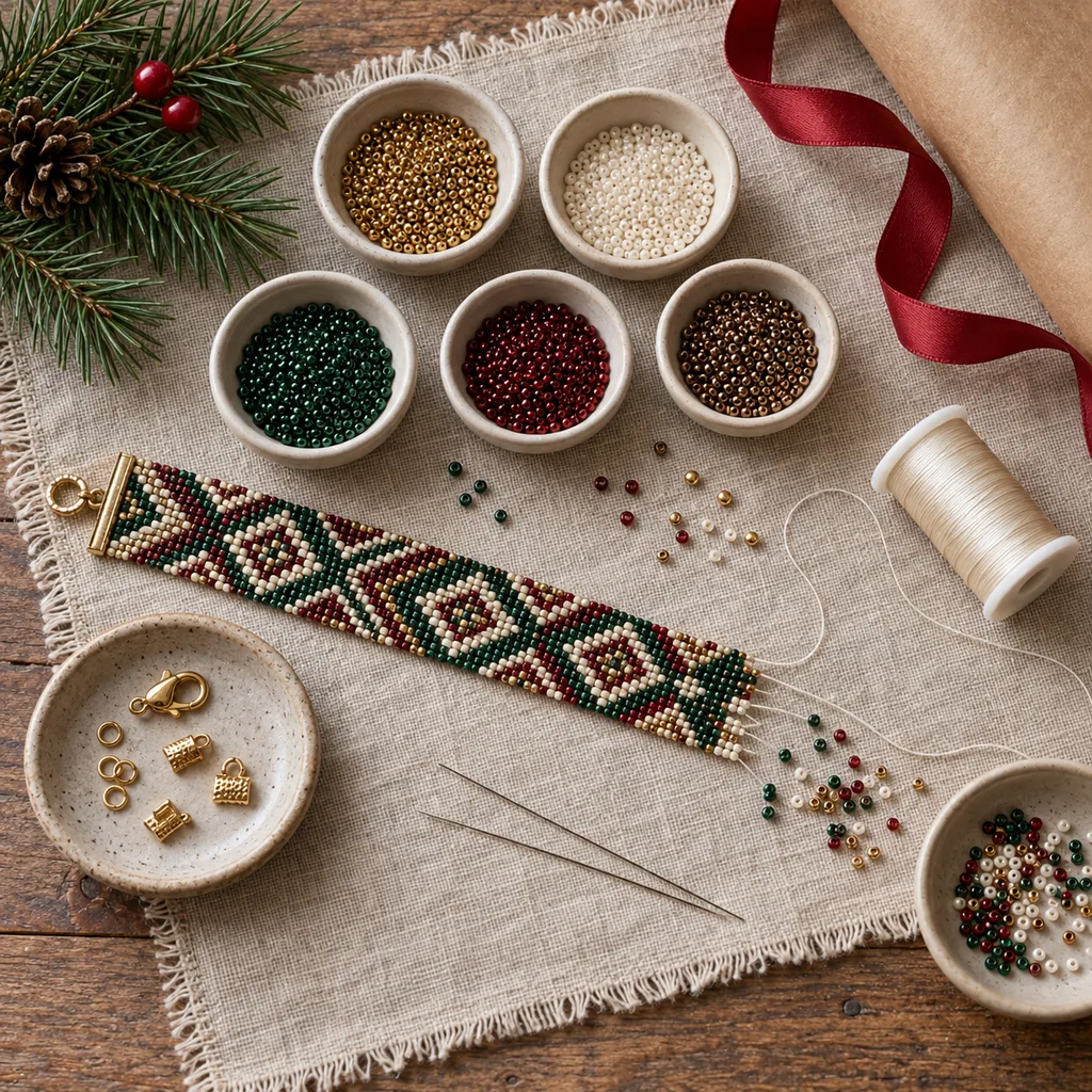 Representative photo-style image of intricate seed bead weaving kit — generated, not a specific product