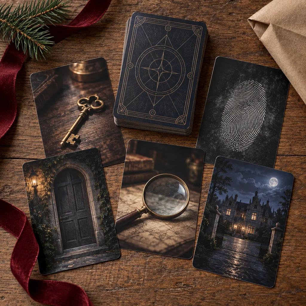 Representative photo-style image of intriguing mystery deduction card game — generated, not a specific product