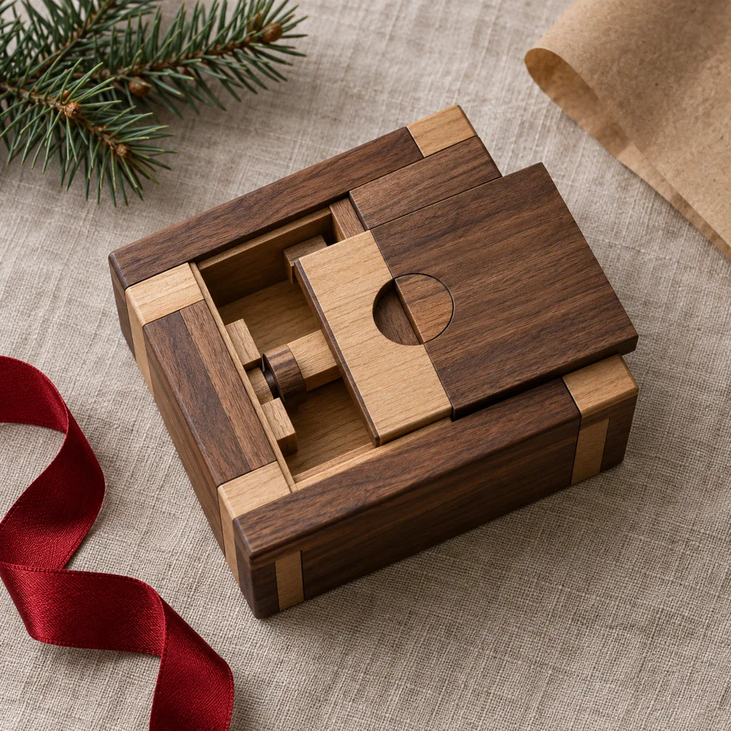 Representative photo-style image of intriguing secret opening box puzzle — generated, not a specific product