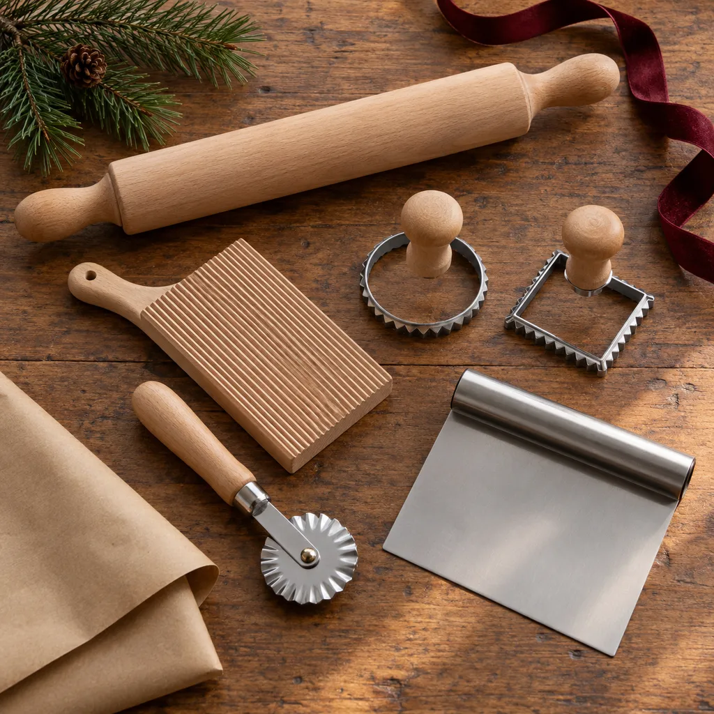 Representative photo-style image of italian pasta making utensil set — generated, not a specific product