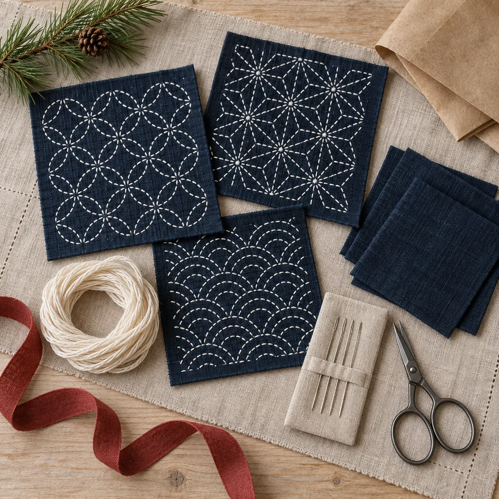 Representative photo-style image of japanese sashiko mending kit — generated, not a specific product