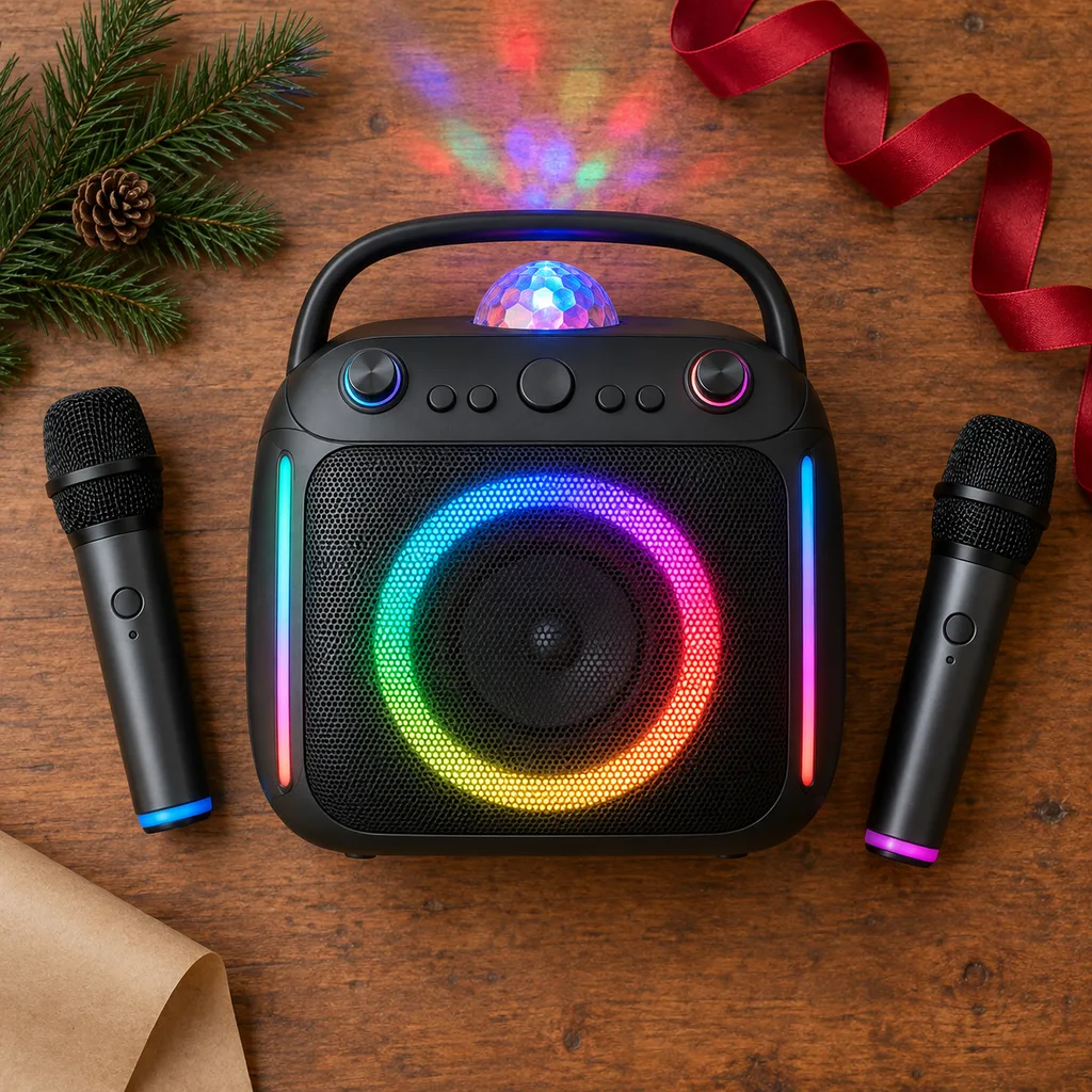 Representative photo-style image of karaoke machine with integrated light show — generated, not a specific product