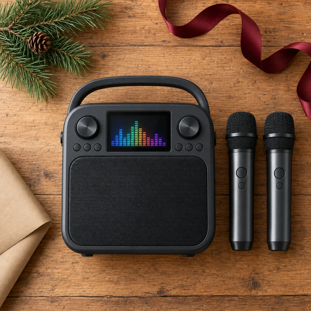 Representative photo-style image of karaoke machine with songs — generated, not a specific product