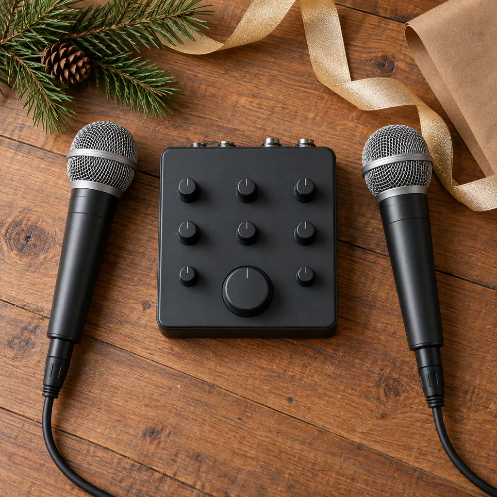 Representative photo-style image of karaoke mixer with two microphones — generated, not a specific product