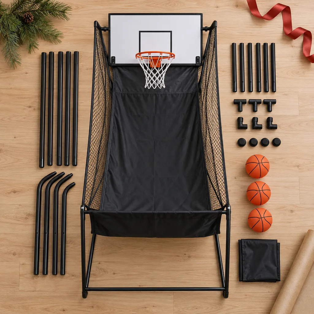 Representative photo-style image of kids' freestanding basketball arcade — generated, not a specific product