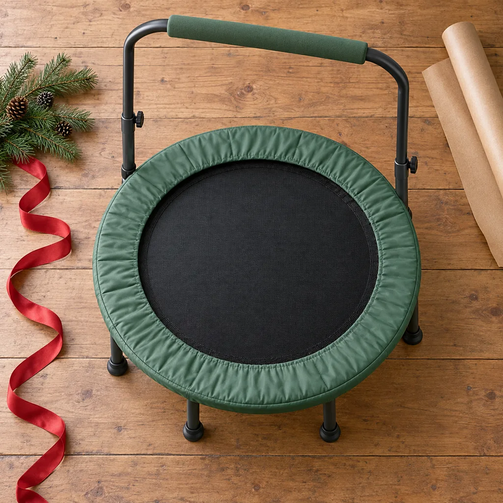 Representative photo-style image of kids' handlebar safety trampoline — generated, not a specific product