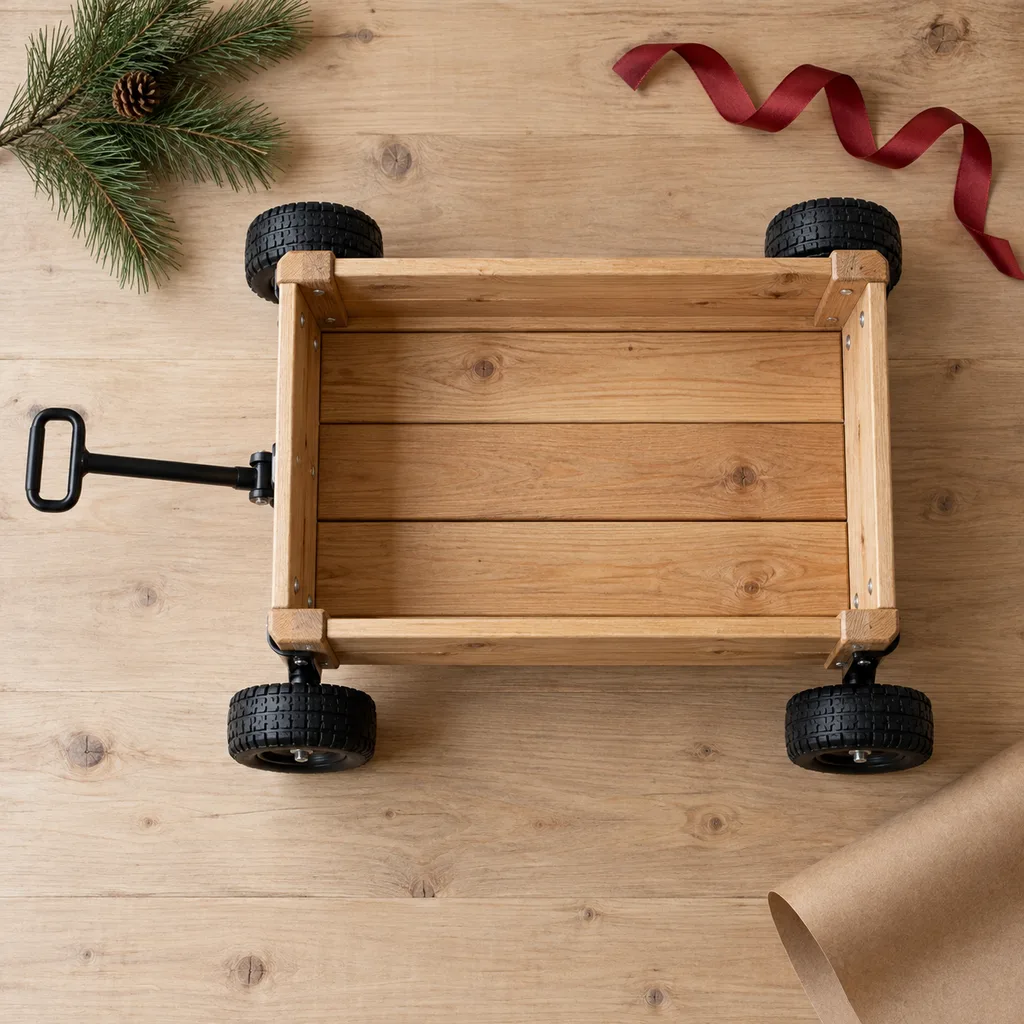 Representative photo-style image of kids' wood panel wagon — generated, not a specific product