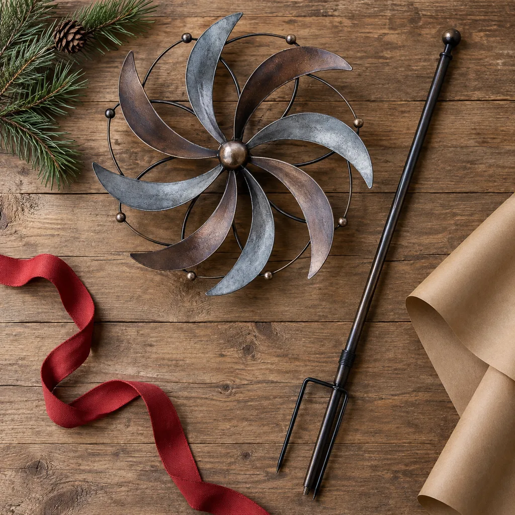 Representative photo-style image of kinetic garden wind spinner — generated, not a specific product