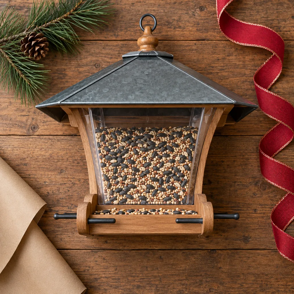 Representative photo-style image of large capacity decorative hopper feeder — generated, not a specific product