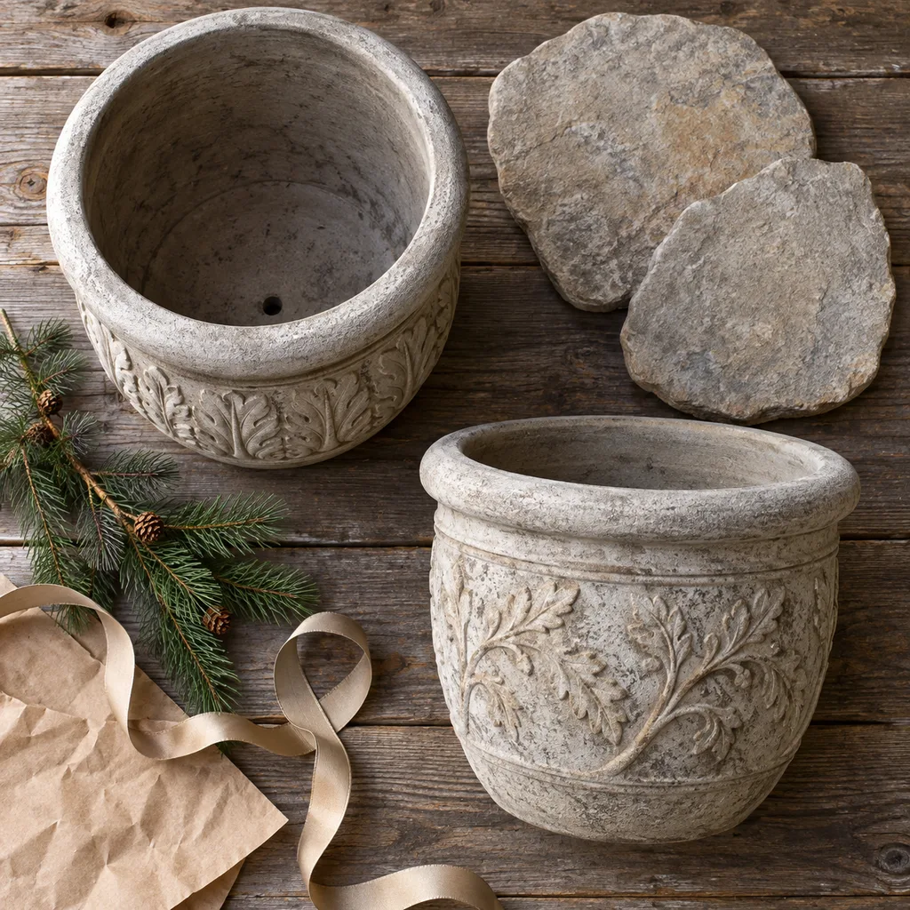 Representative photo-style image of large decorative outdoor planters — generated, not a specific product