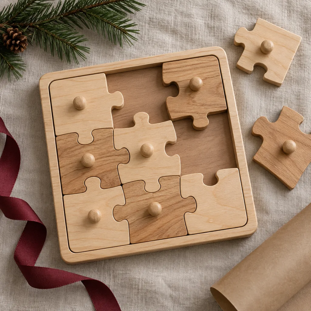 Representative photo-style image of large piece wooden jigsaw puzzle — generated, not a specific product
