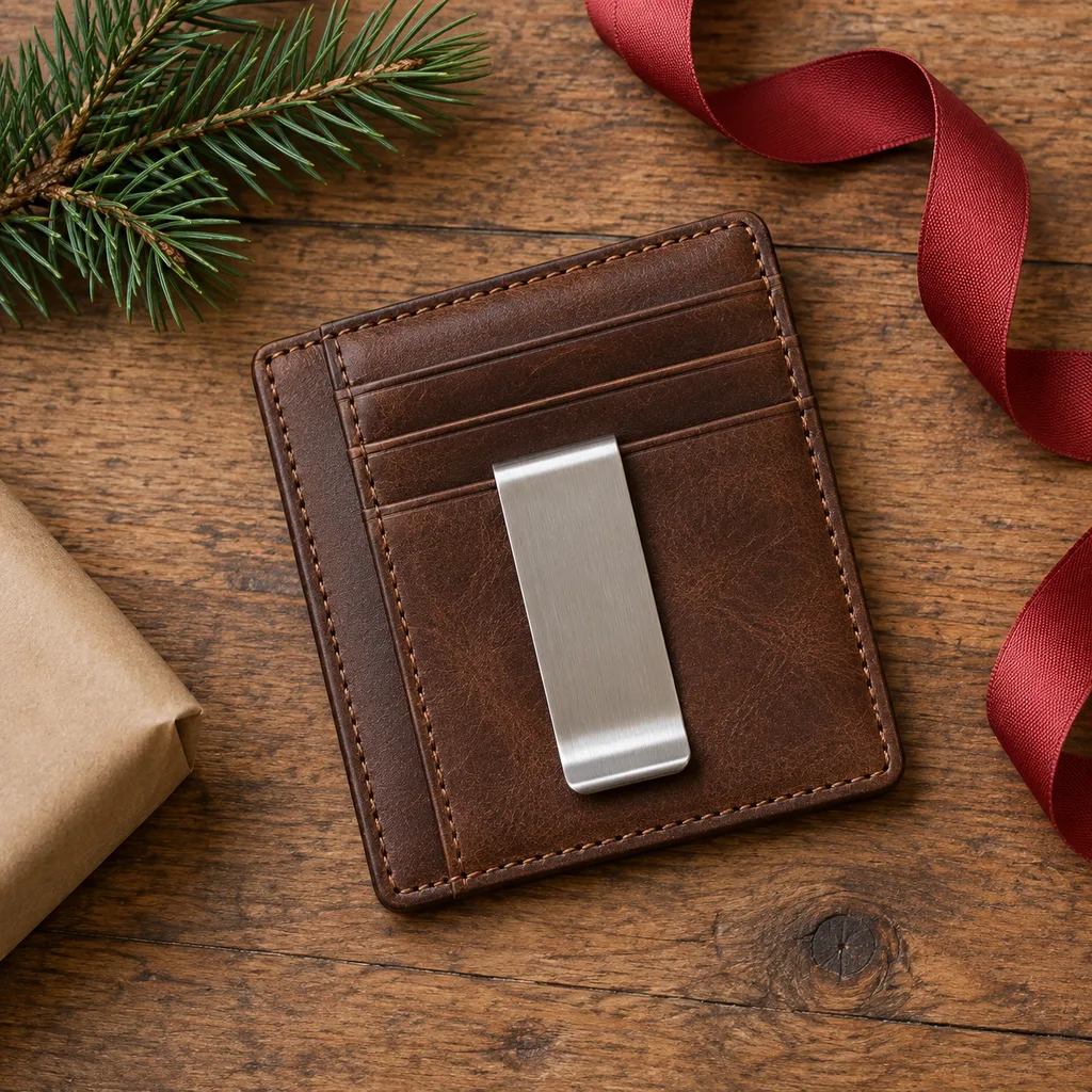 Representative photo-style image of leather money clip card holder — generated, not a specific product