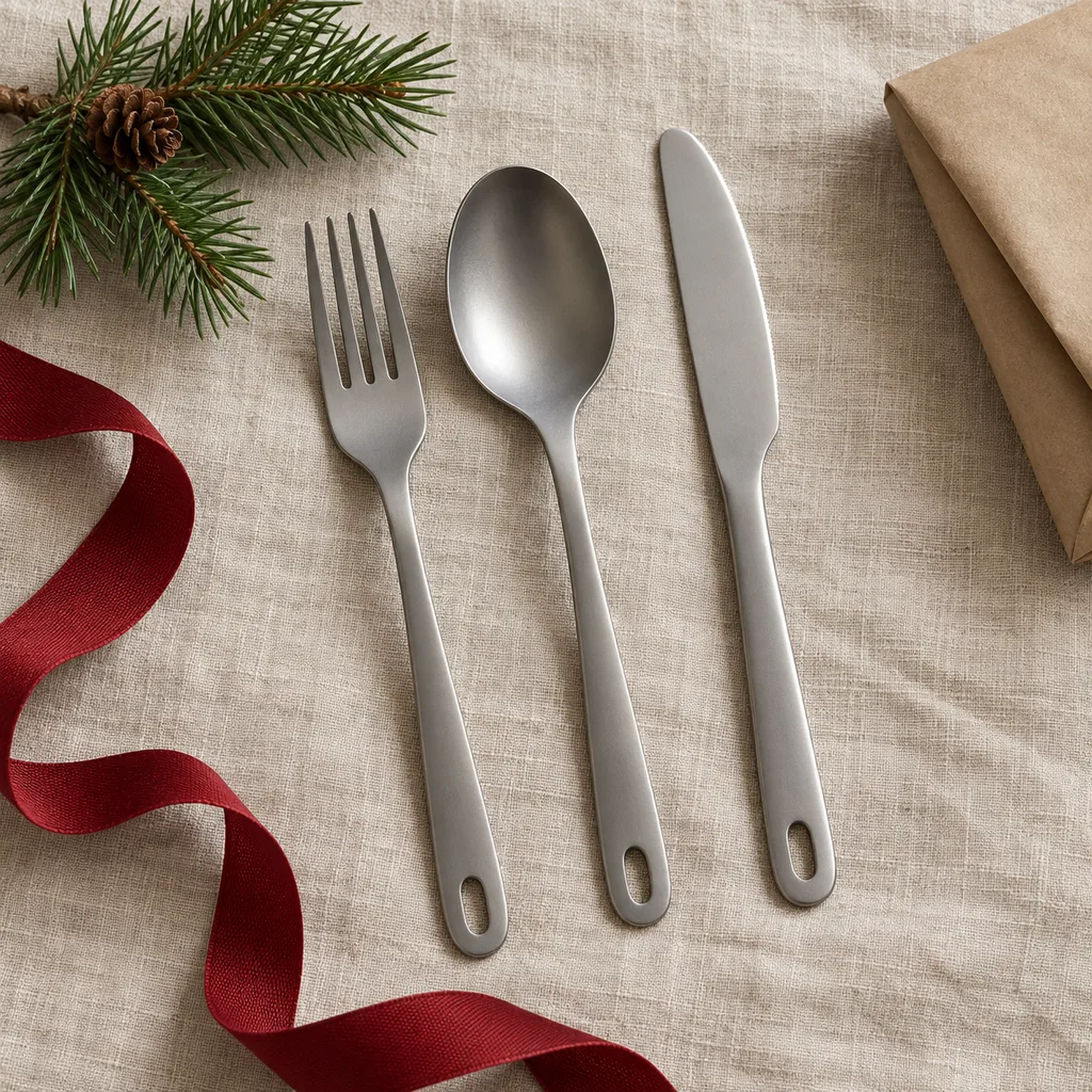 Representative photo-style image of lightweight camping utensil set — generated, not a specific product